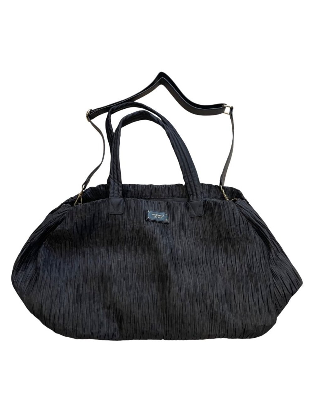 Victoria's Secret Pleated‎ Weekender Crossbody Tote Bag Black Zipper Top Closure